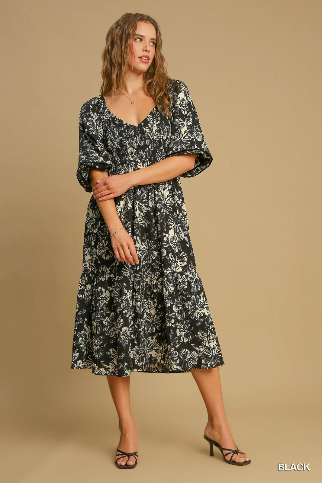 Umgee Black Two Tone Floral Smocked Top Midi Dress w/3/4 Puff Sleeves