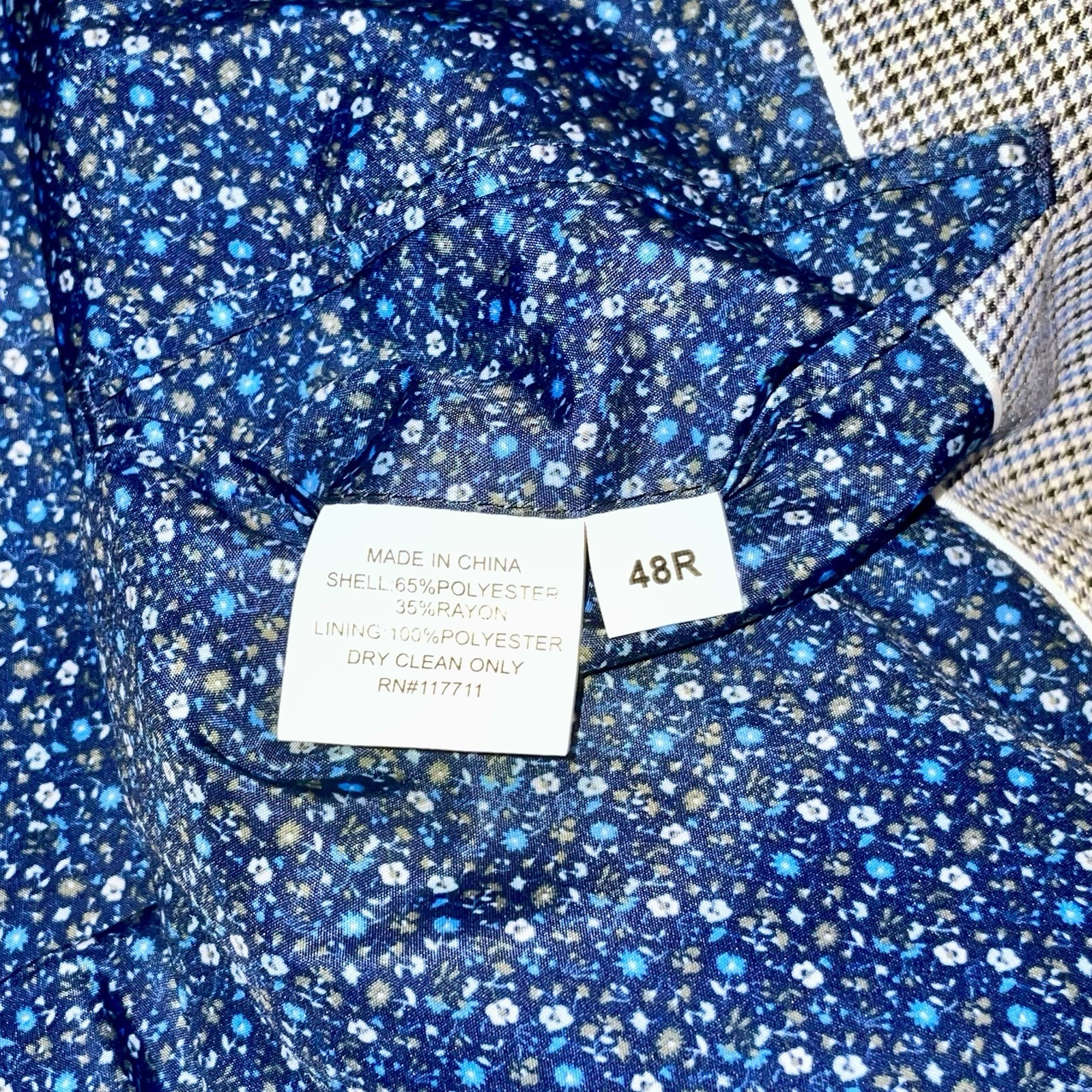 Alan Flusser Blue Check Floral Liner PolyBlend Mens•48R SportsCoat Jacket Blazer