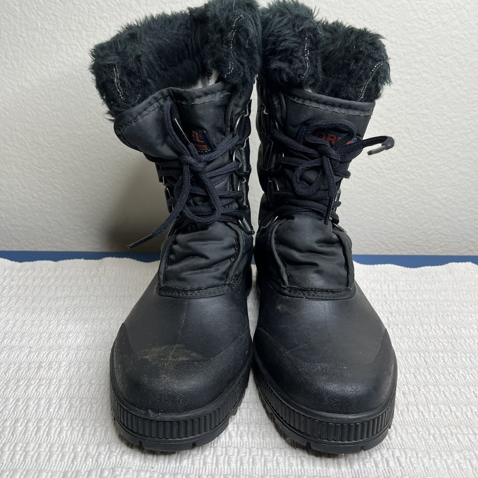Sorel Kaufman Black Nylon Rubber Snow Duck Boots Faux Fur Lined Women Size 7