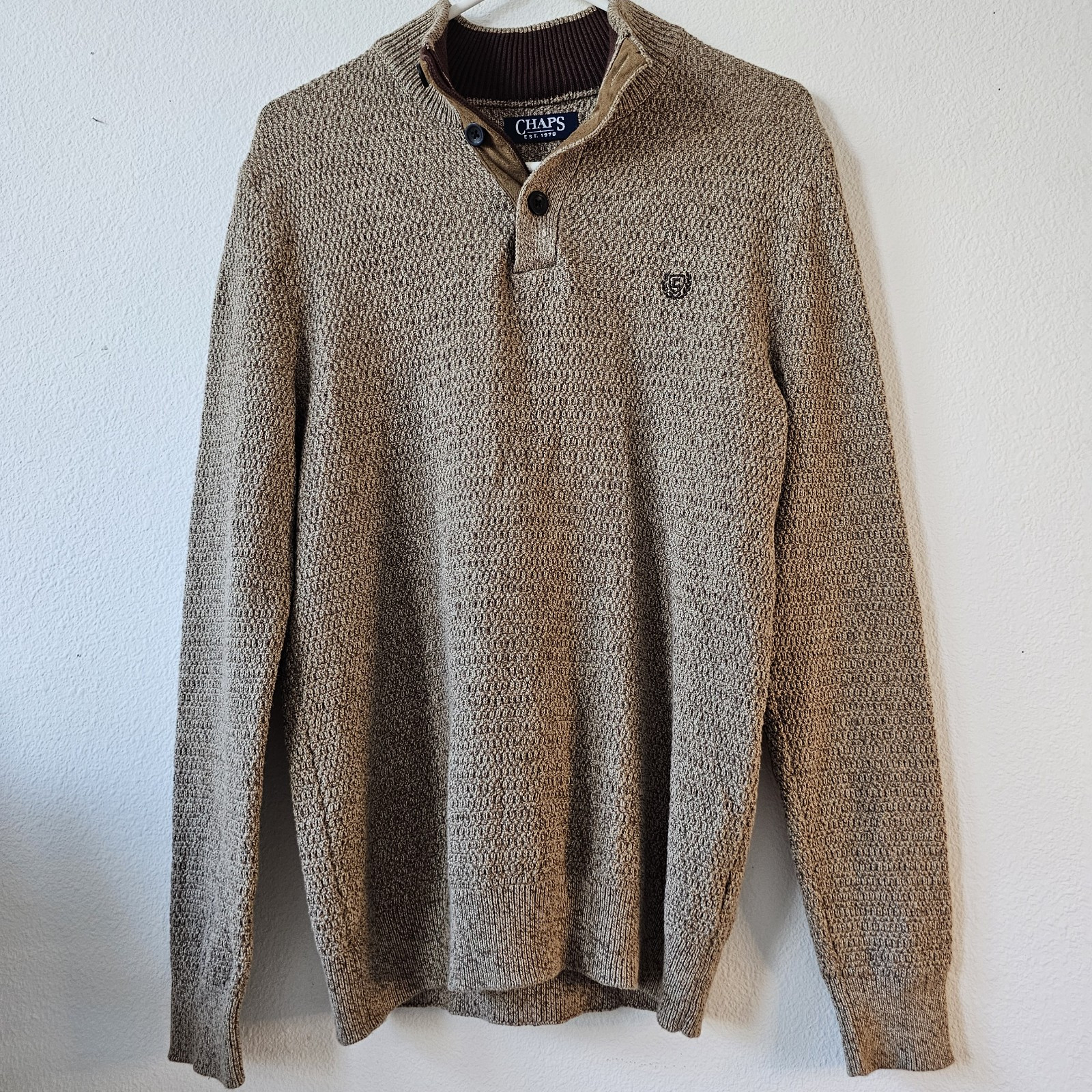 Chaps Mens Cardigan Sweater Cotton 3 Buttons Henley Elbow Pads Size Small Tan