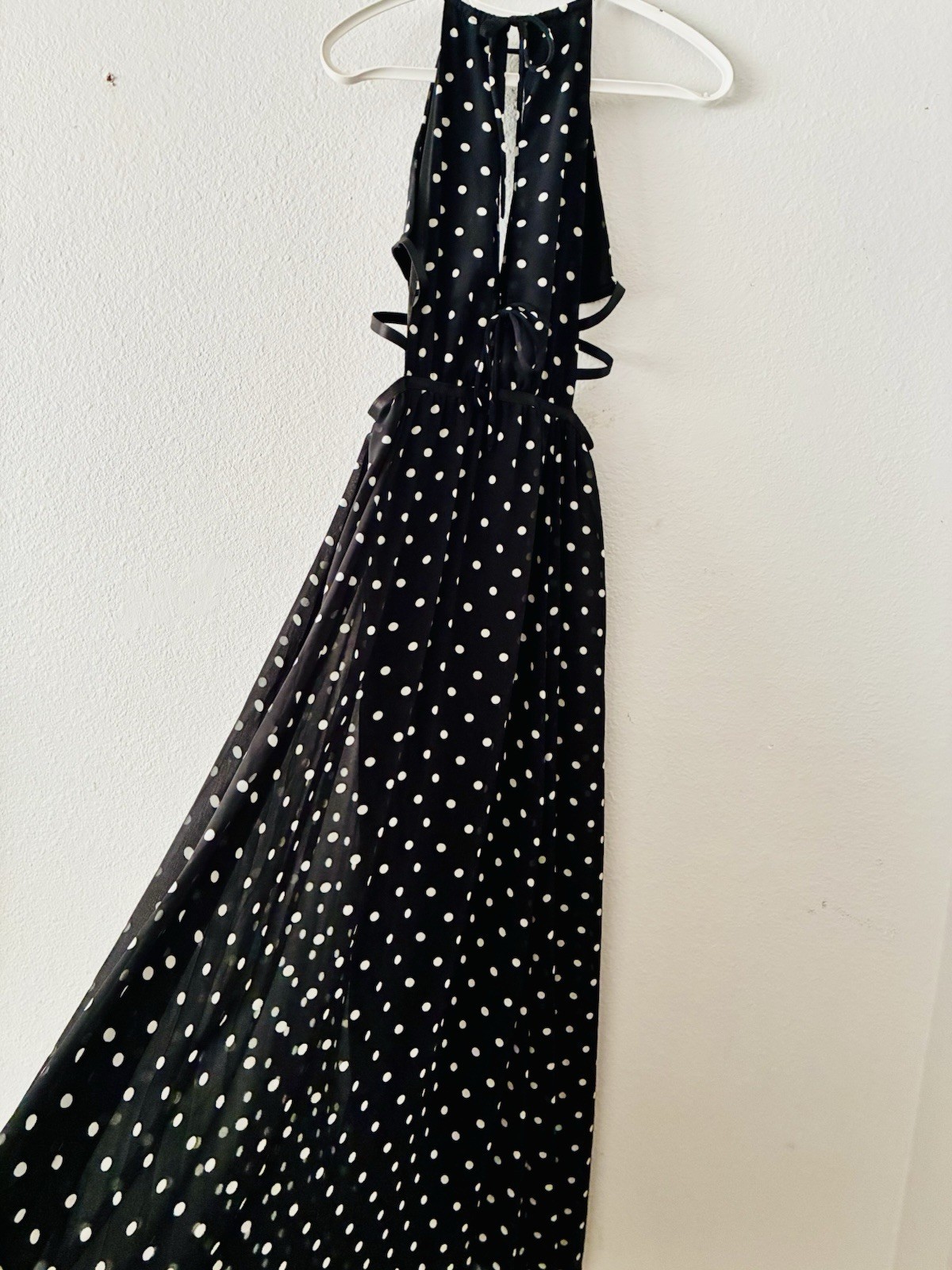 ASH NOVA Womens M Black/White Polka Dot Halter Maxi Chiffon Lined 3015D