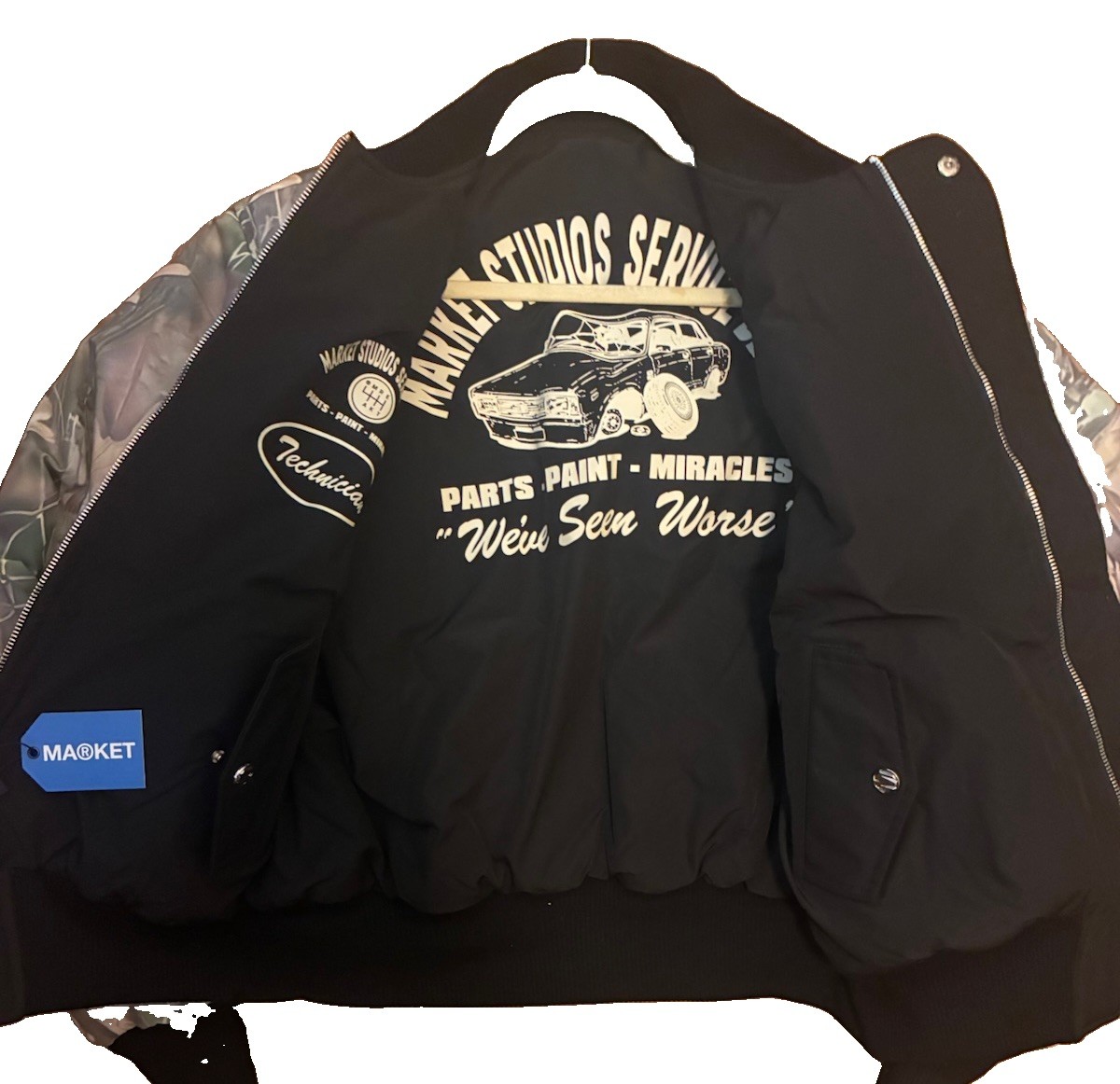 MARKET Reversible Full-Zip Bomber Jacket Black/Camo Stand-Up Collar Logo SIZE L
