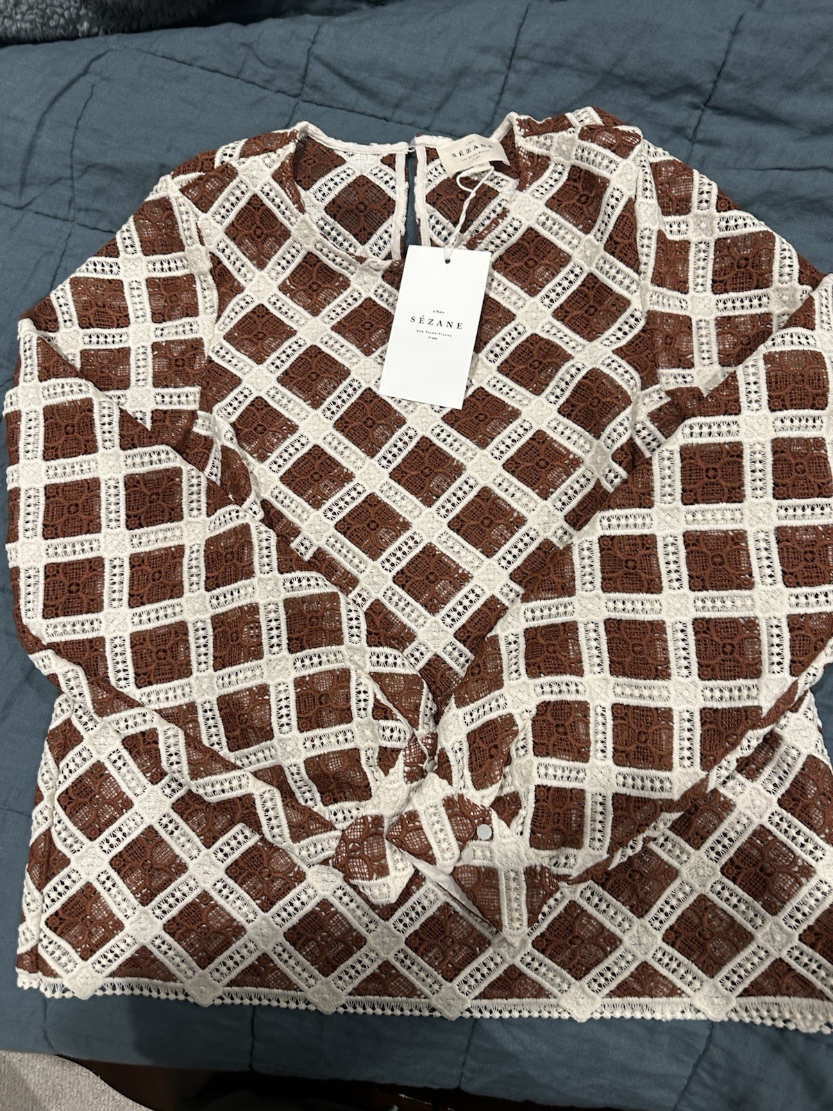 Sezane Jesse Blouse Earth Contrasting Guipure Lace Size 8 US/40 EU NWT
