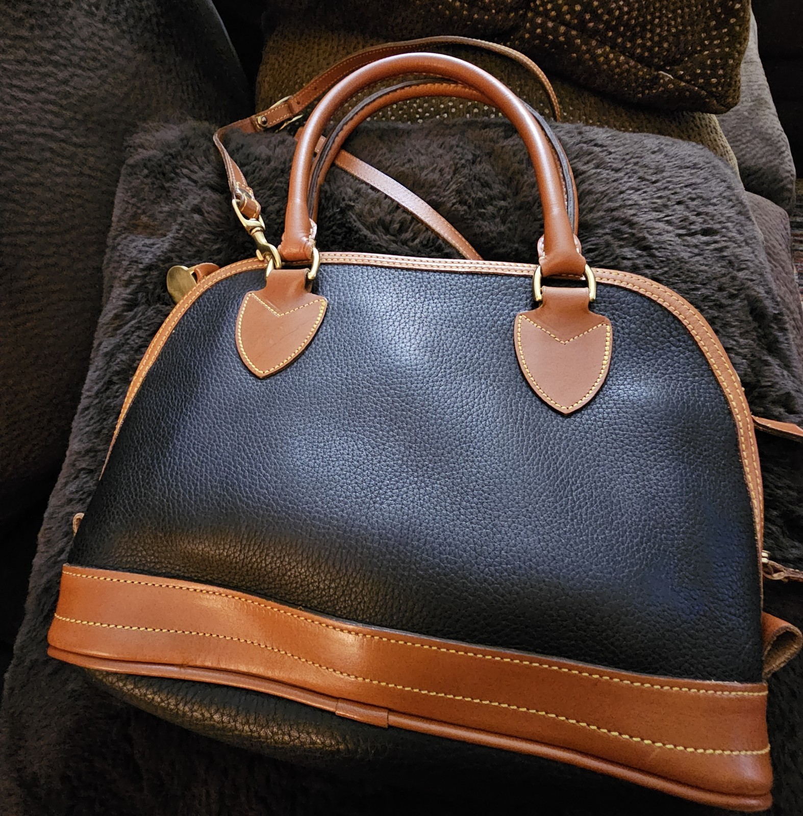 Vintage Dooney Bourke All Weather Leather Norfolk Satchel Navy Tan Made In USA