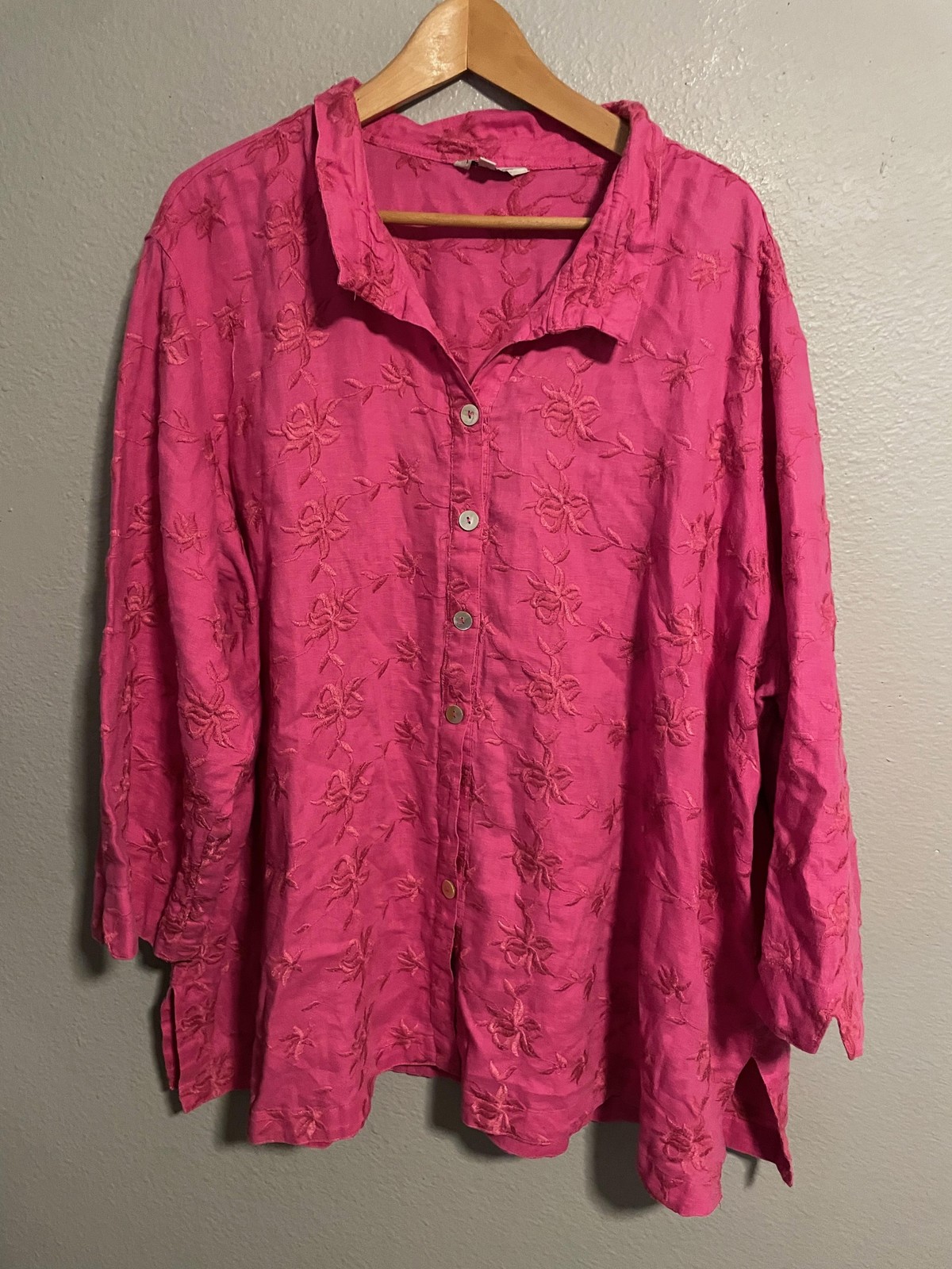 John Mark Womens Tunic Size 3X Pink Linen Embroidered Floral Button Boho FLAW