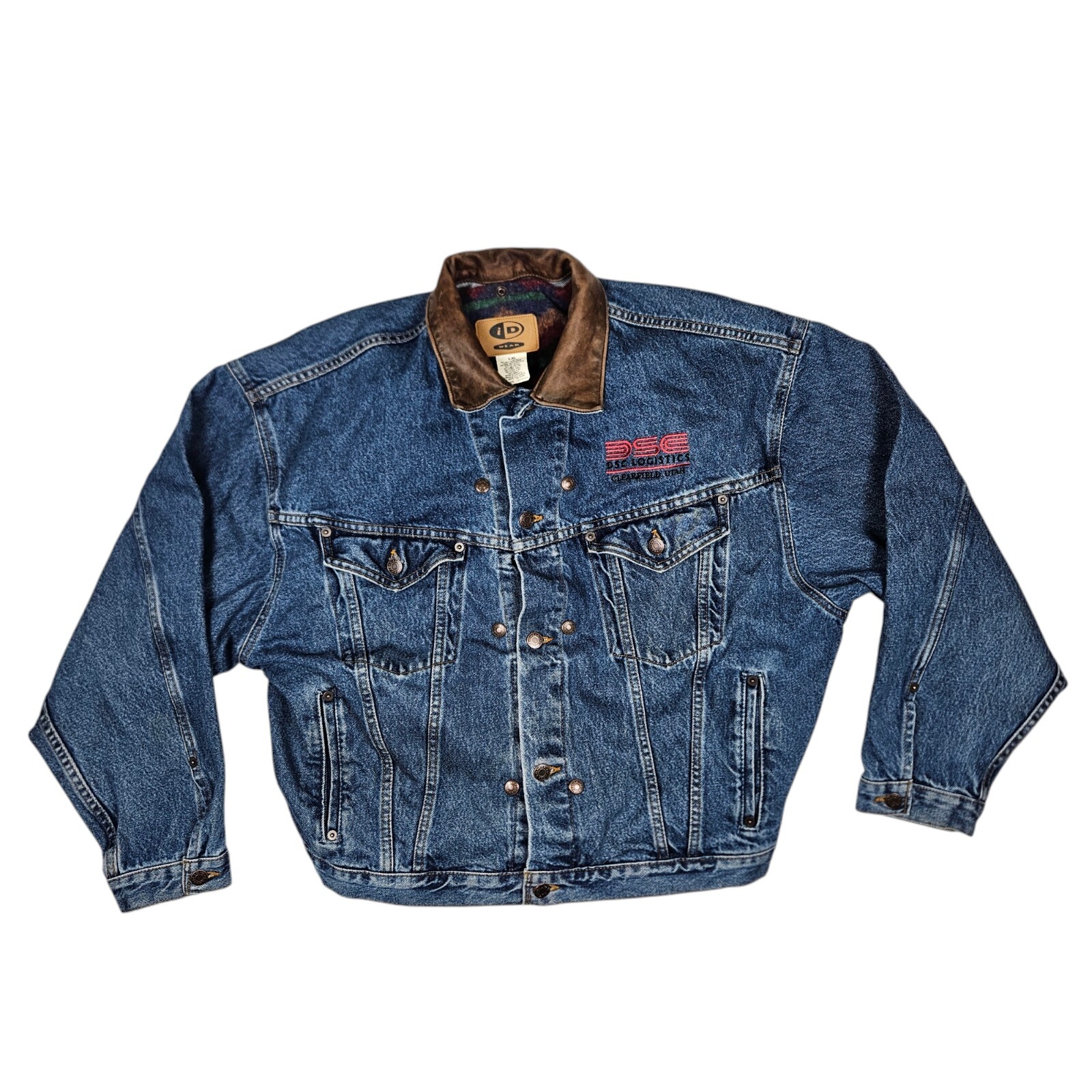 Vintage ID Wear Denim Jacket (Mens Large) Wool Blanket Lined Leather Collar Blue