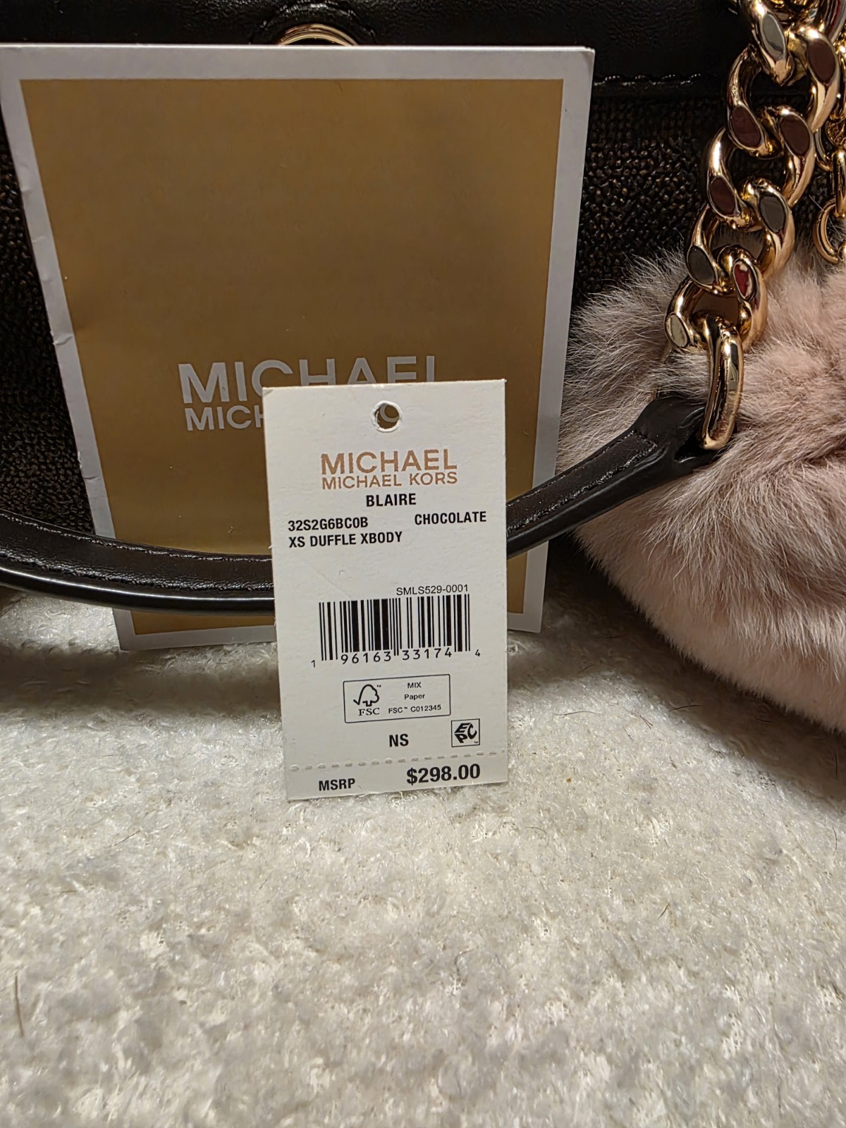 Michael Kors Blaire XS Duffle Crossbody Bag Brown Logo Zip Gold Chain + Charm