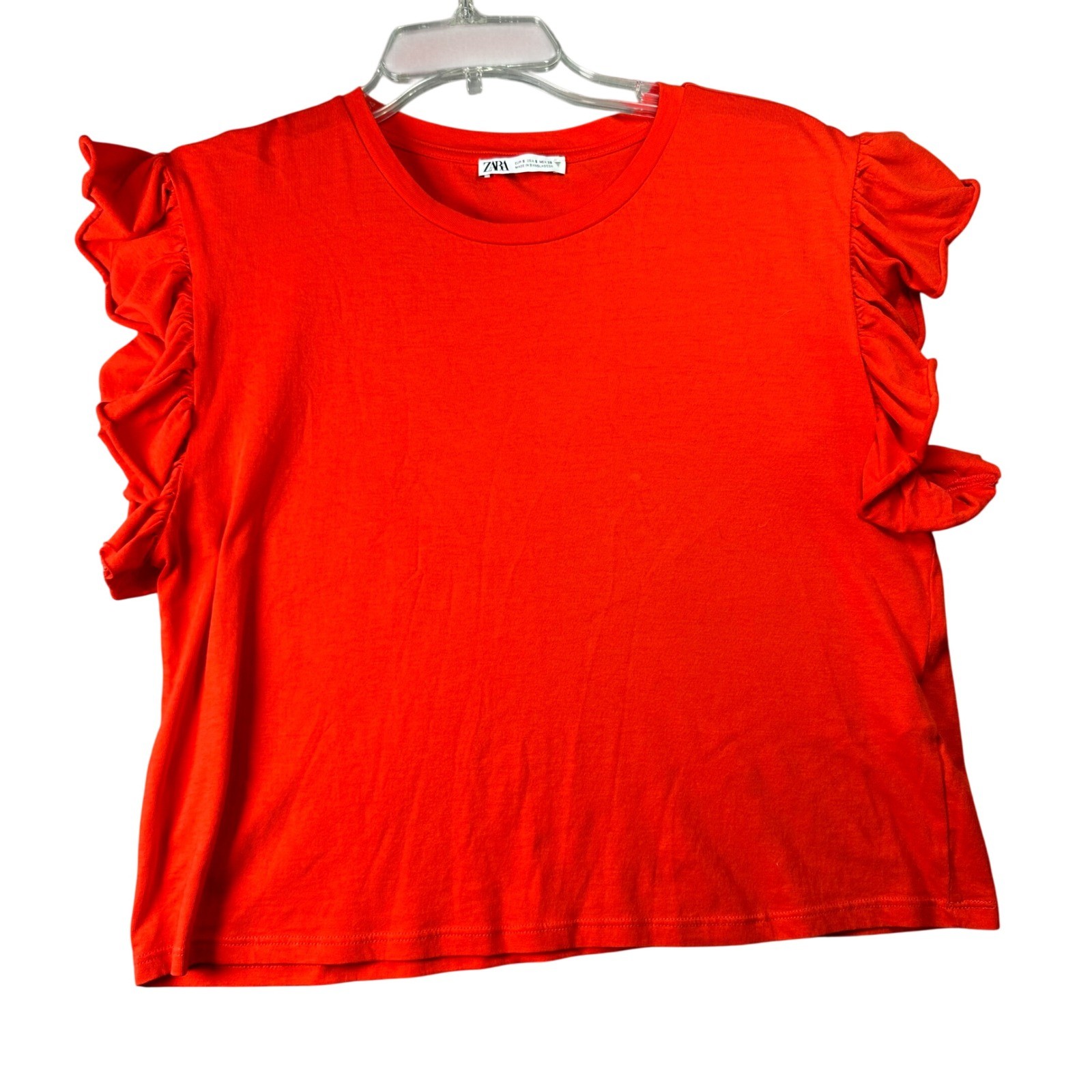 Zara Ruffle Sleeve T-Shirt Red Cotton Knit Top Romantic Feminine Small Red