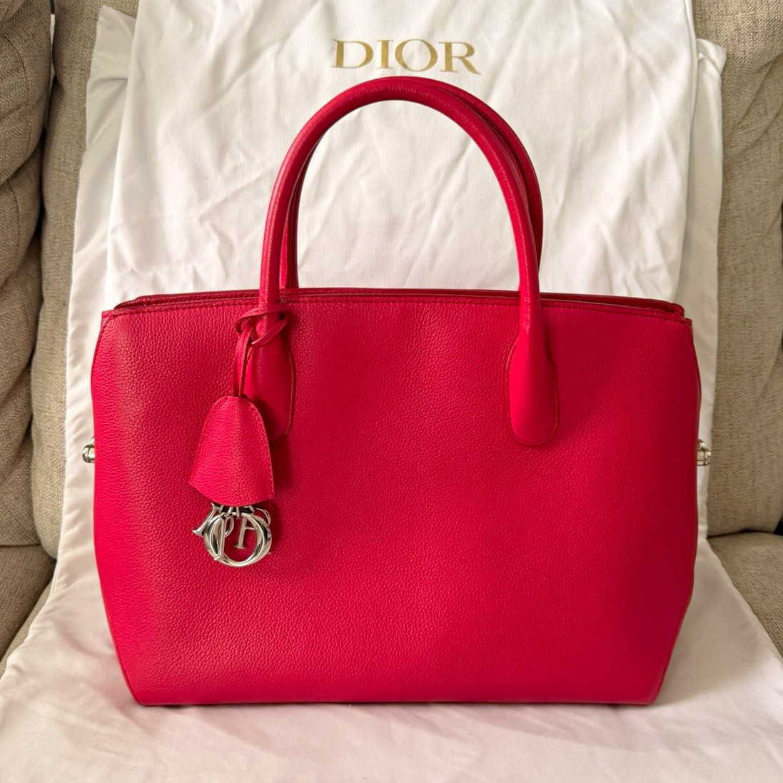 💕 Dior Large Bar Tote Bag – Pink – Logo Charm – Silver Hardware
