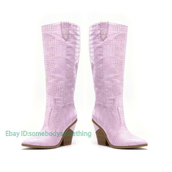 Women Pointy Toe Block Heel Cowboy Knee High Boots Pull On Outdoor Casual Shoes