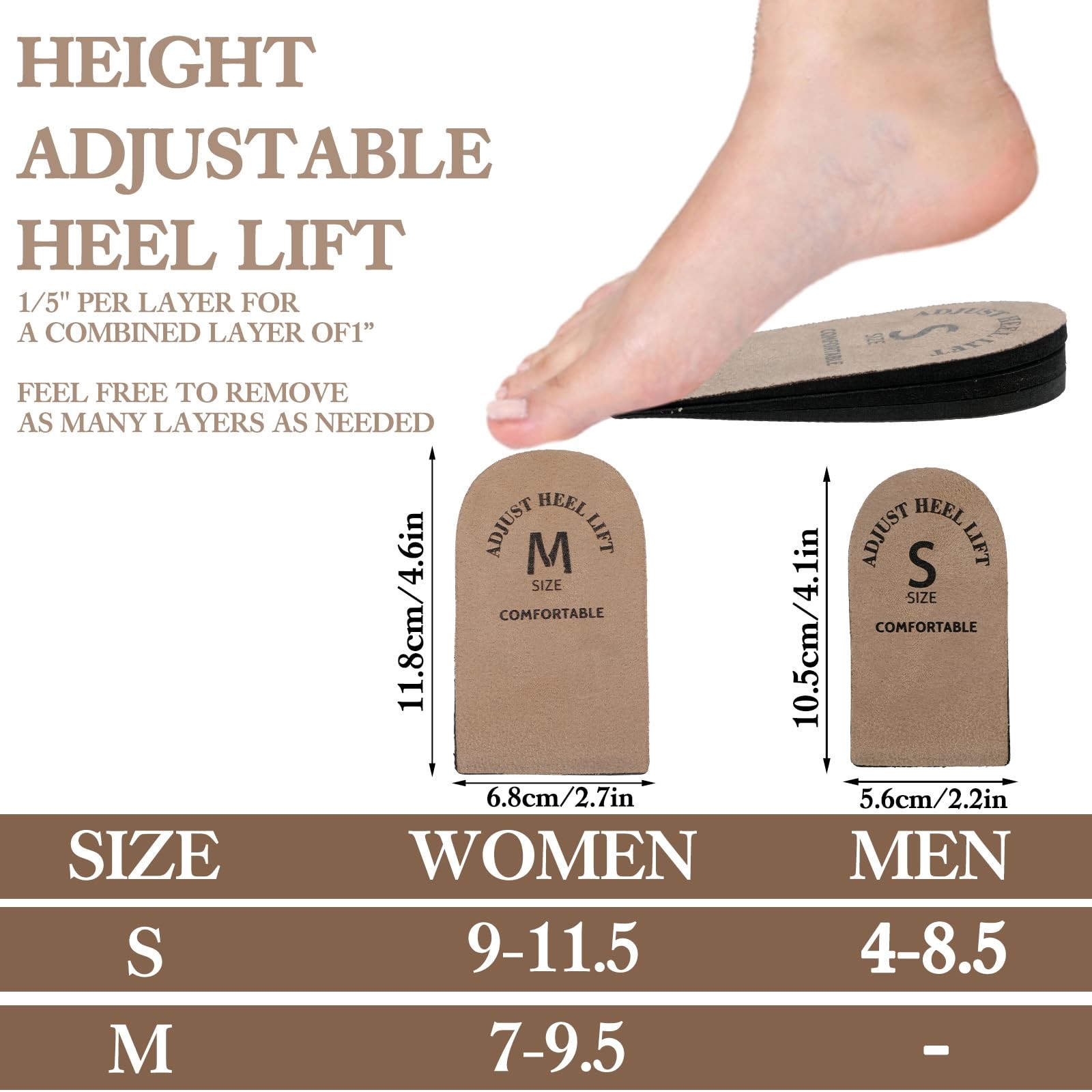 2 Pack Adjustable Heel Lifts, Brown Shoe Inserts (Small), Cushioned Comfort Pads