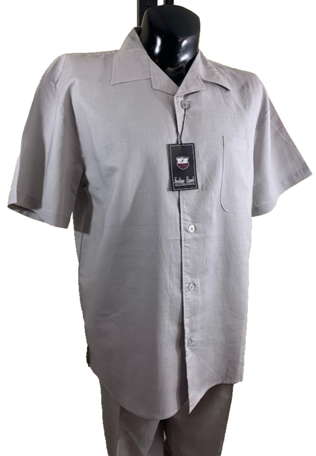 Fortino Landi Mens 2pc Walking Suit Linen Shirt Pleated Pants Set Large Gray 36