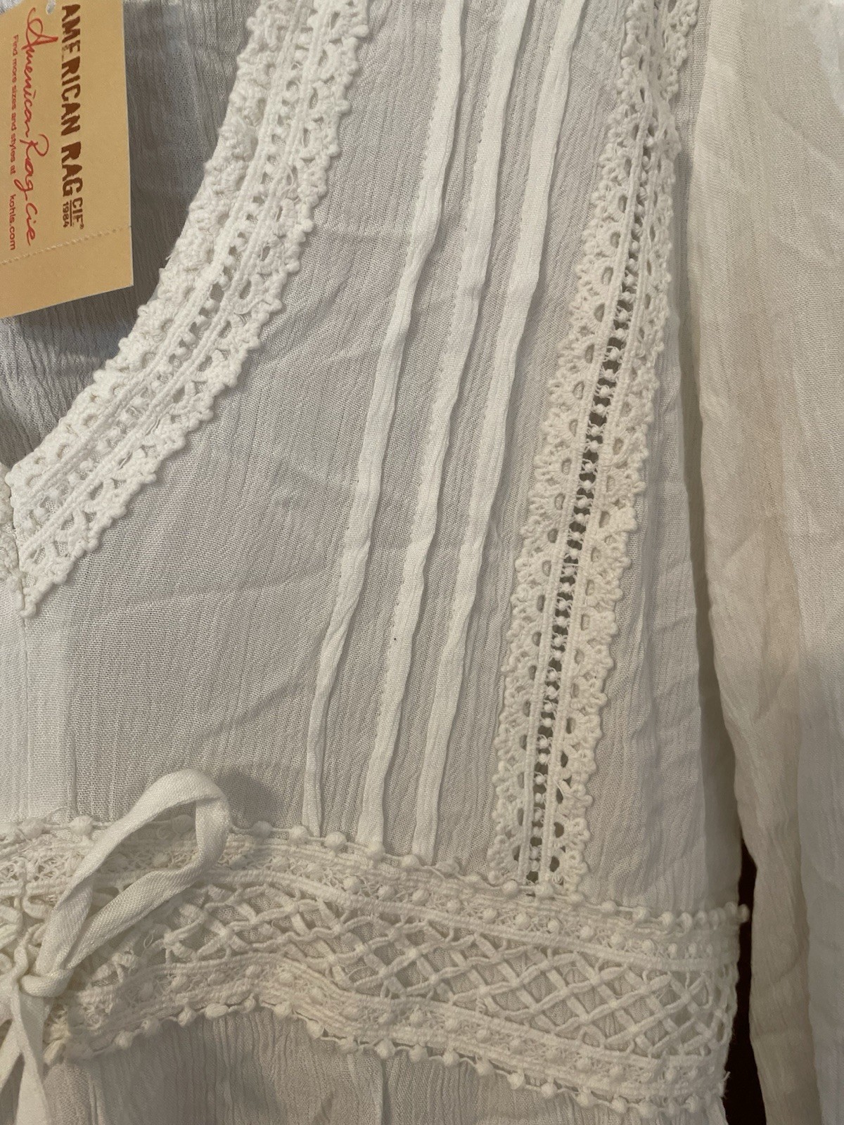 American Rag New With Tags White Boho Top Long Sleeve Lace Size L