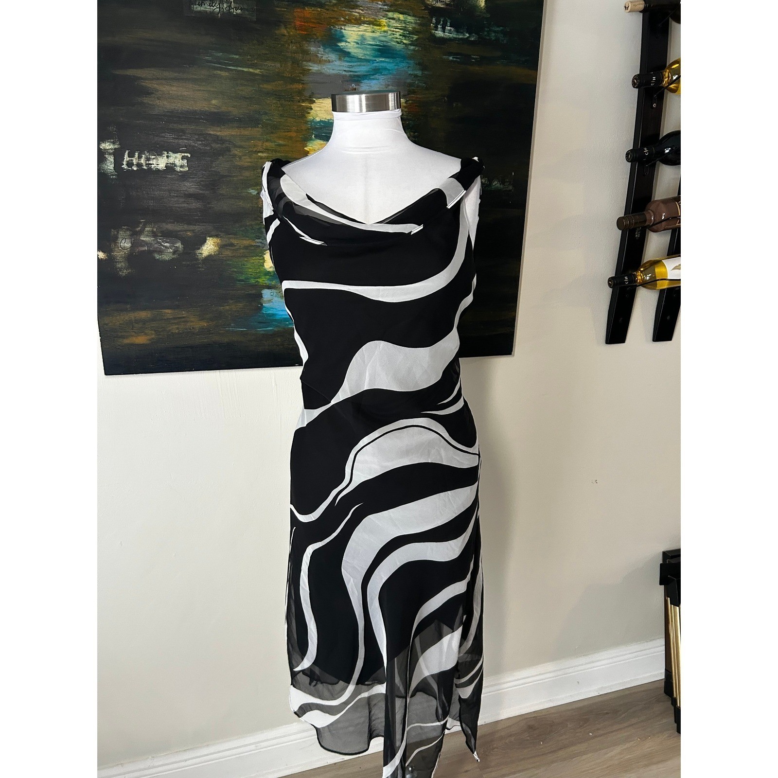 Vintage Breakin’ Loose Midi Dress Size 10 Black White Abstract Cowl Neck Y2K