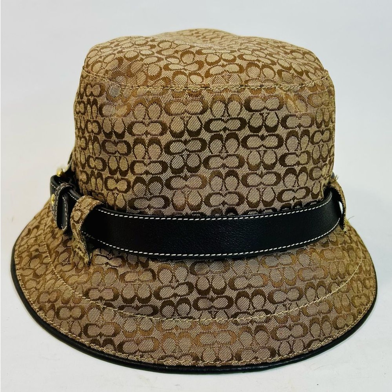 Coach Monogram Bucket Hat Khaki Brown Signature CC Logo with Leather Belt