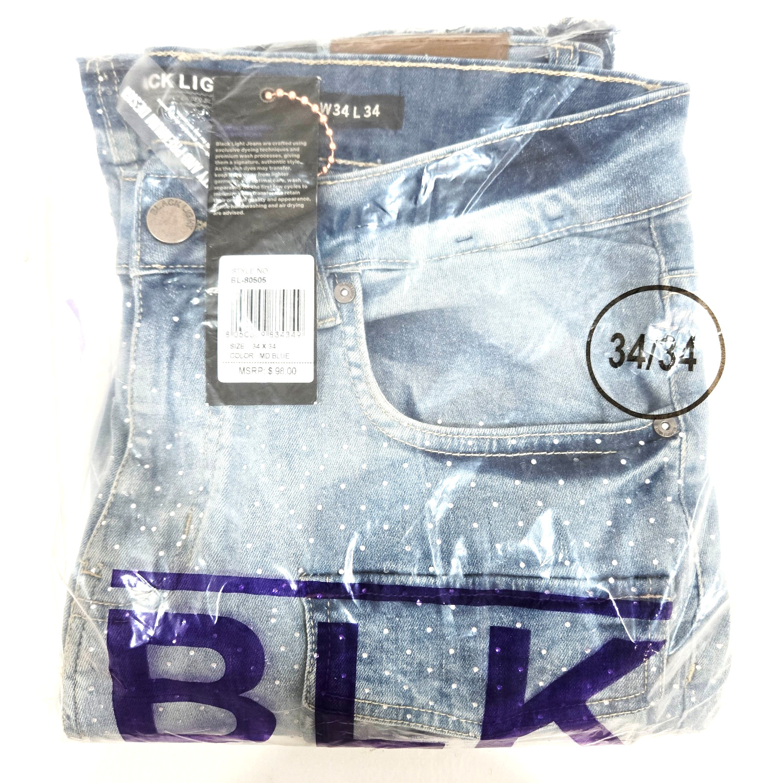 Black Light Men Jeans Stretch Slim Straight Flare Fit Med Blue Denim Rhinestone