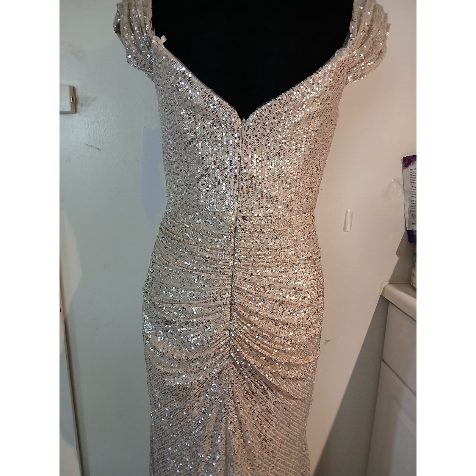 Ladivine Cinderella Divine Sequin Ruched Off Shoulder Evening Gown Champagne L