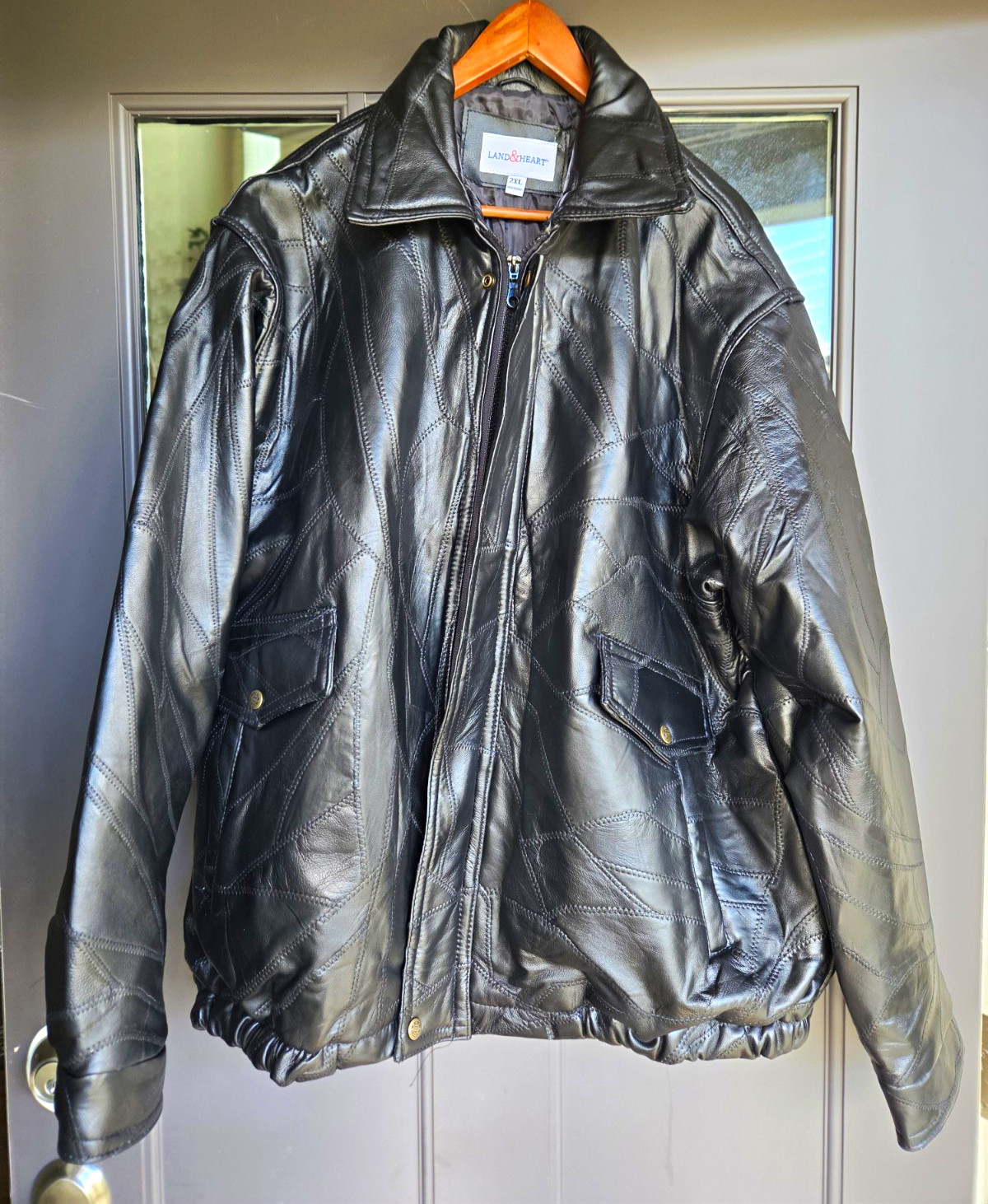 Vintage Land & Heart Lambskin Leather Jacket Black Patchwork Mosaic Bomber 2XL
