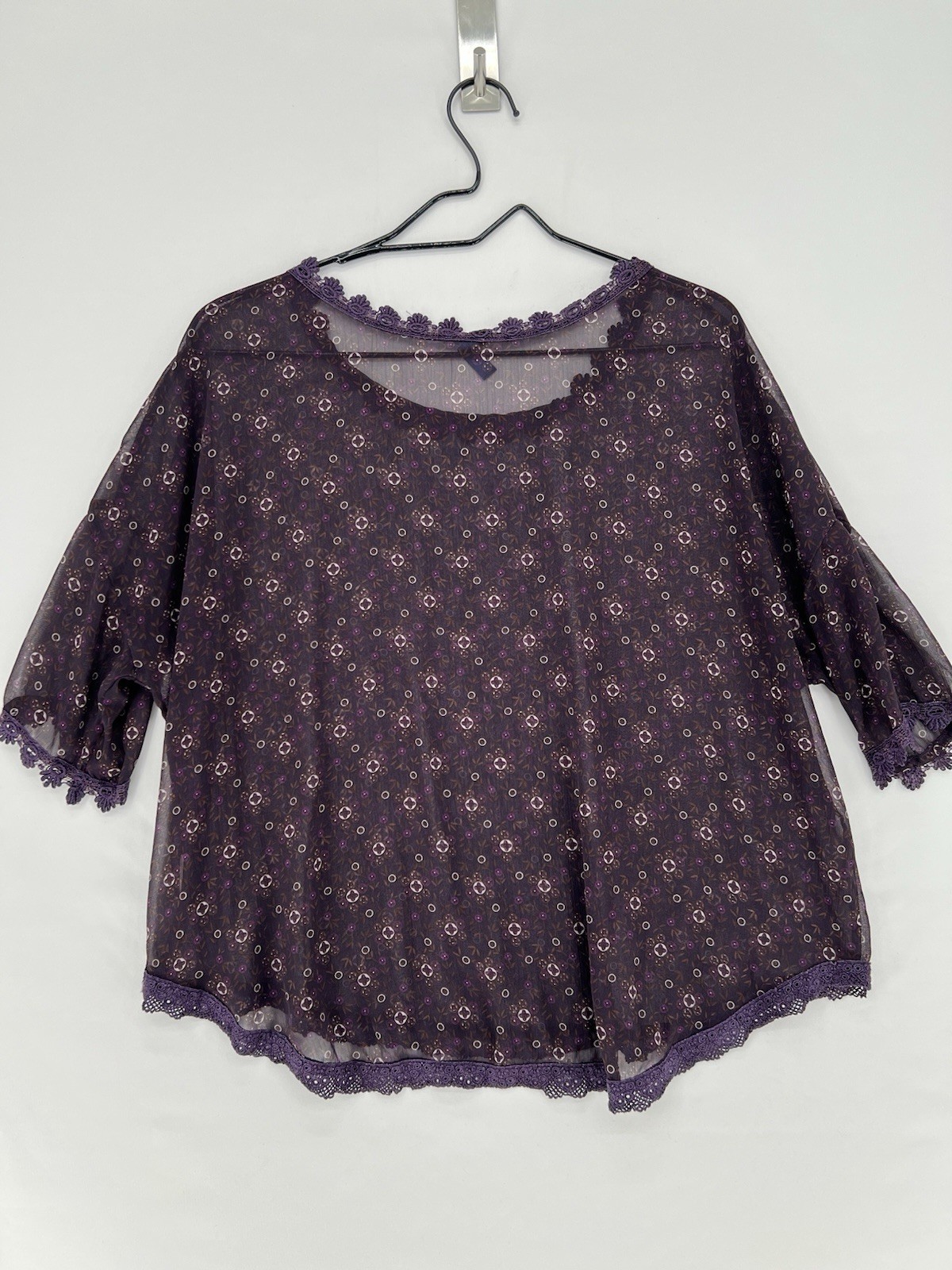 Free People Sheer Floral Print Kimono Top Womens Medium Purple Lace Trim Boho