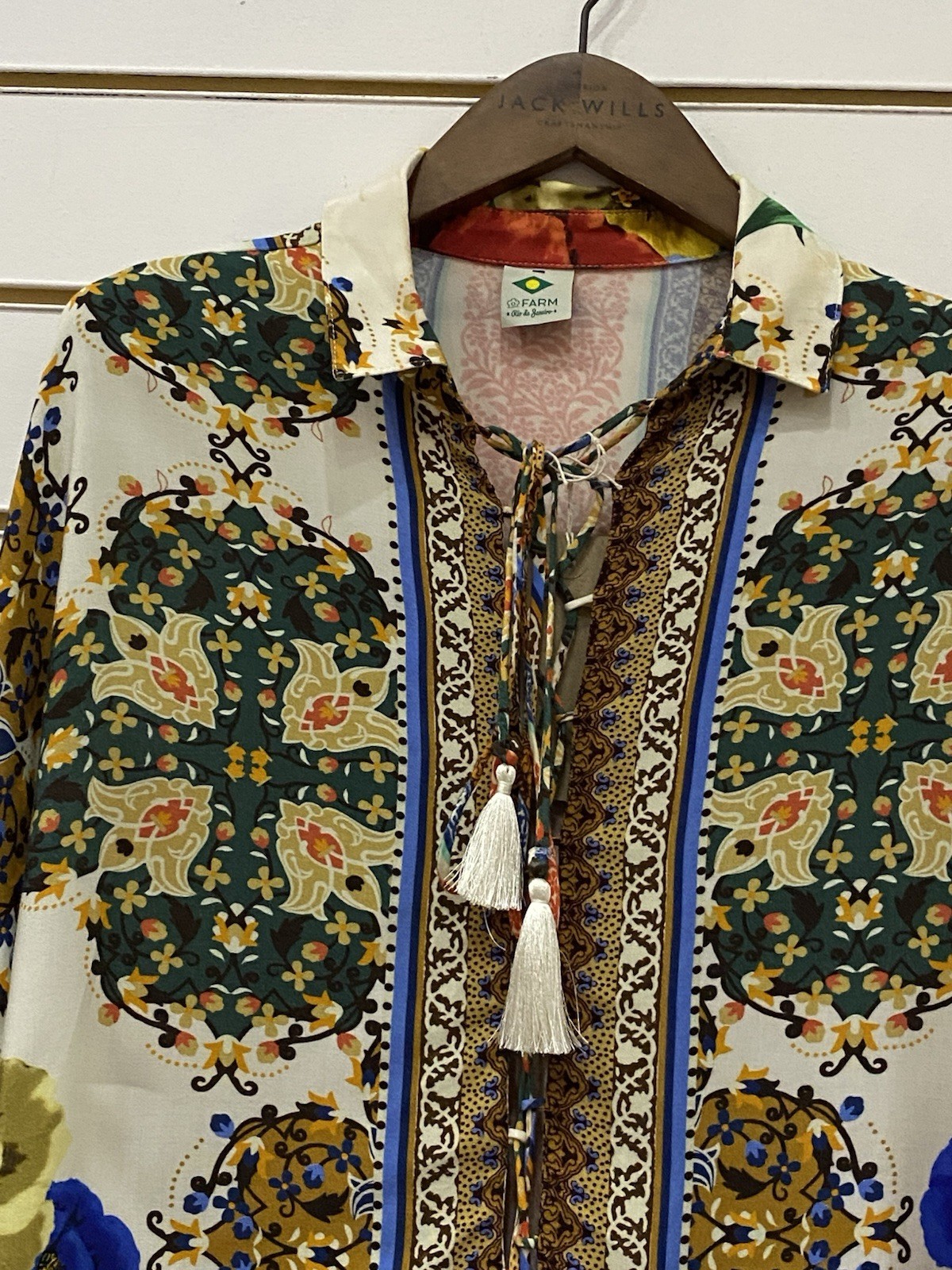 FARM Rio de Janeiro Multicolour Floral Collared Tie Neck Tassel Blouse size M