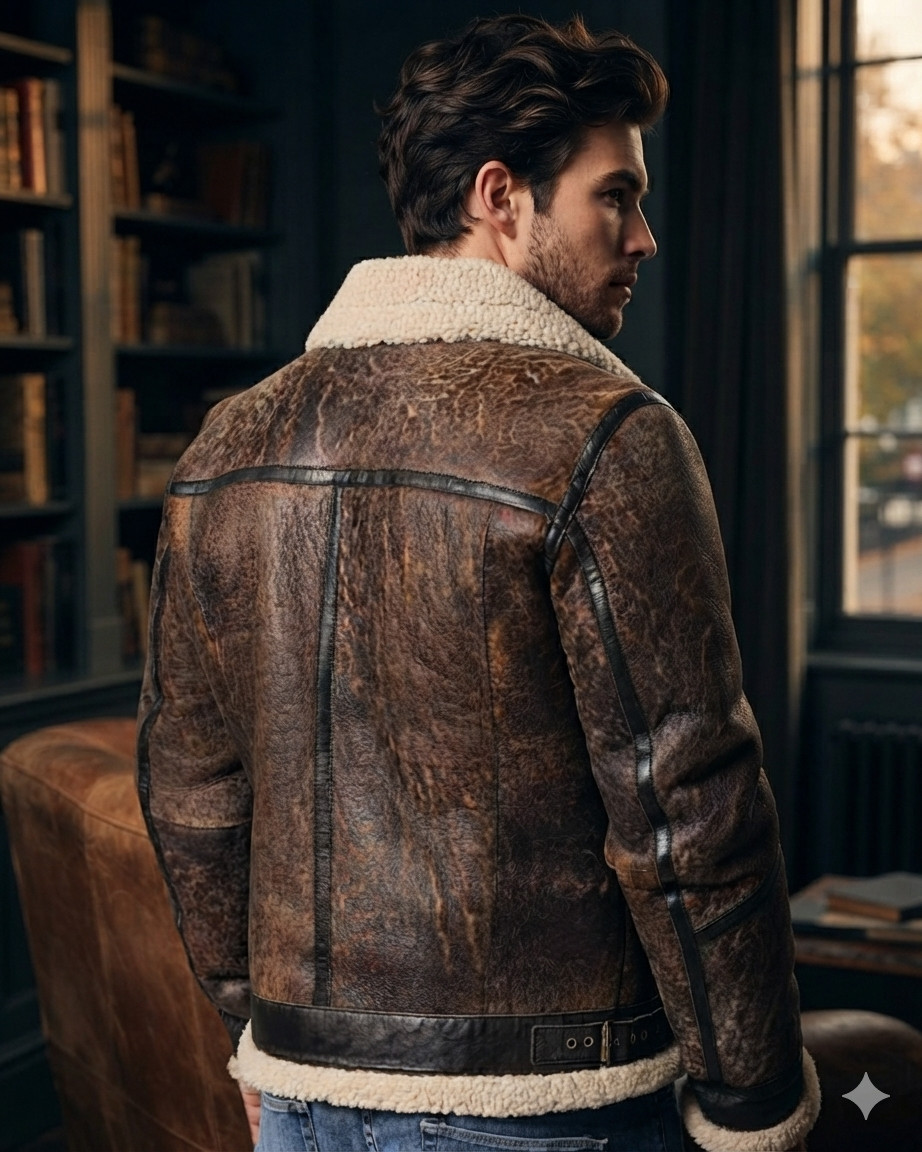 Men Distressed Brown Winter Shearling Flight Aviator B3 Bomber Leather Jacket