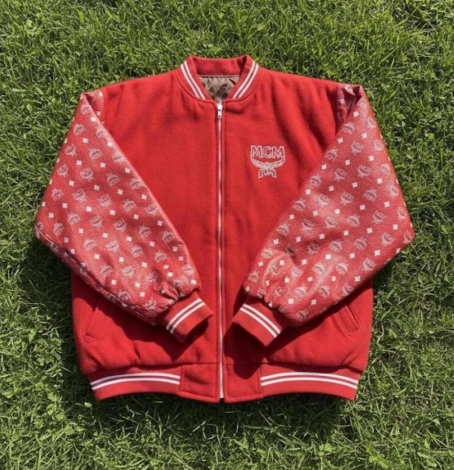 MCM Leather Varsity Jacket MCM Printed Monogram Leather Sleeves Streetwear