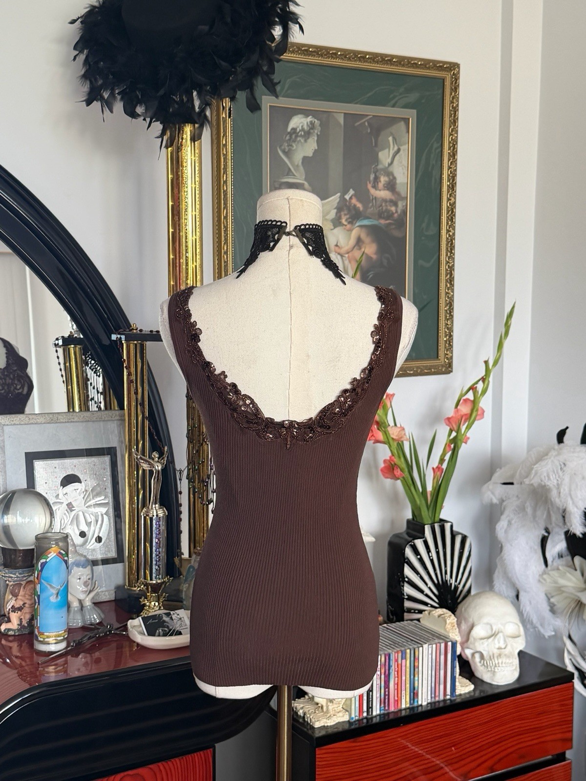Caché Beaded Lace Illusion Knit Tank Top Brown Size S Stretch Y2K Gothic