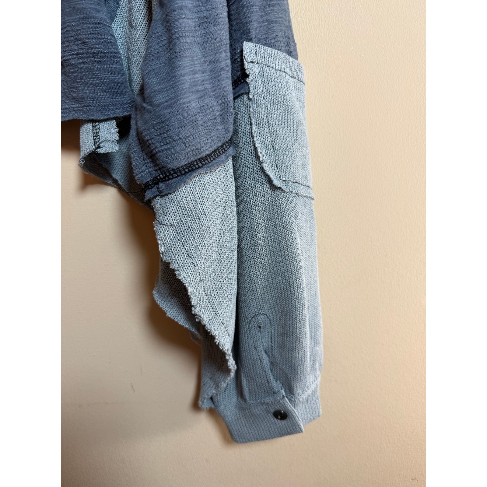 POL Oversized Balloon Sleeve Raw Edge Knit Top Indigo Patchwork Large Boho NEW