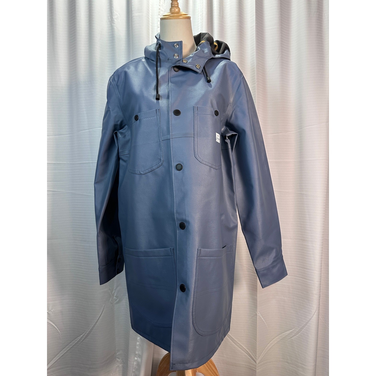 NWT Lee x Stutterheim Trench Coat Ash Blue Rubberized Rain Jacket Hooded Size XL