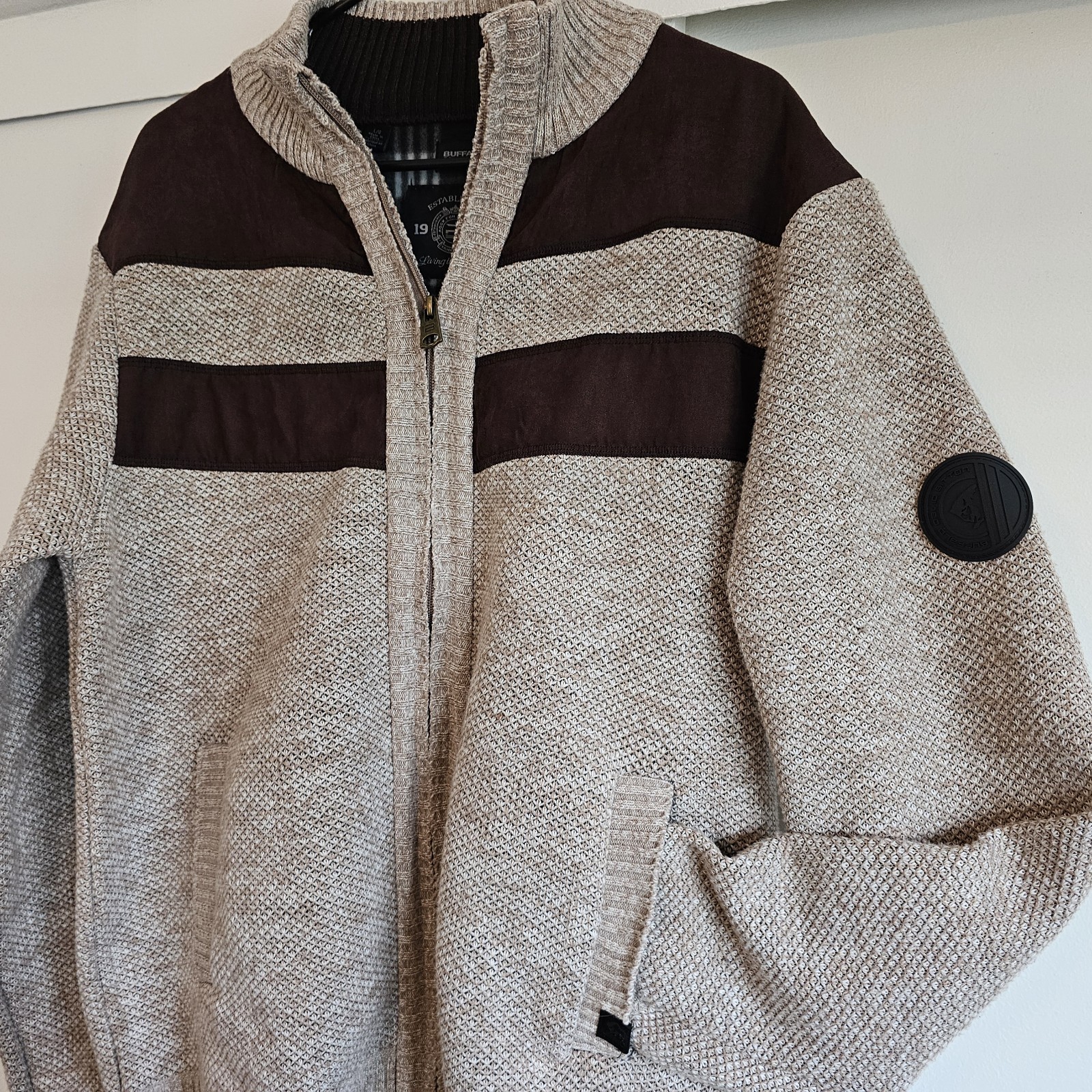 Buffalo David Bitton Full Zip Sweater Men’s L Beige Brown Mock Neck Knit