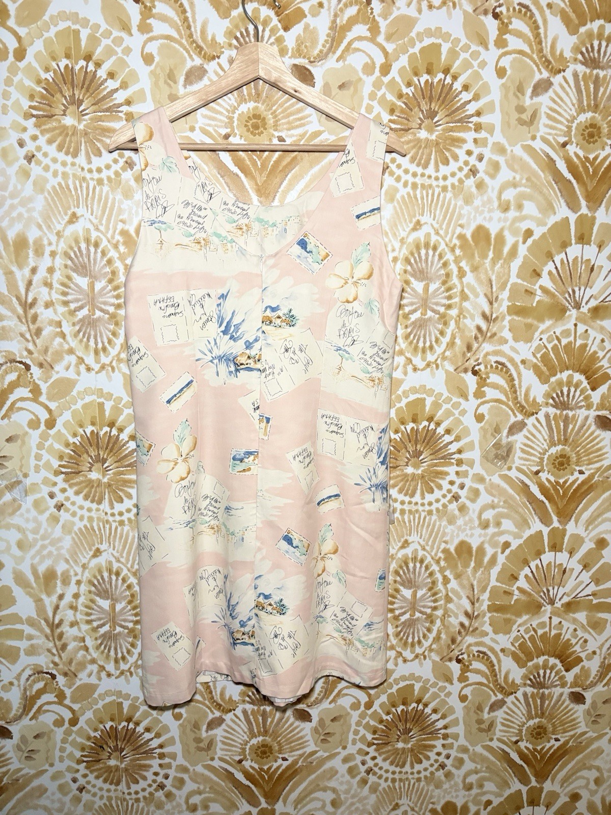 NWT Pineapple Moon 100% Silk Pink Tropical Postcard Print Shift Dress |