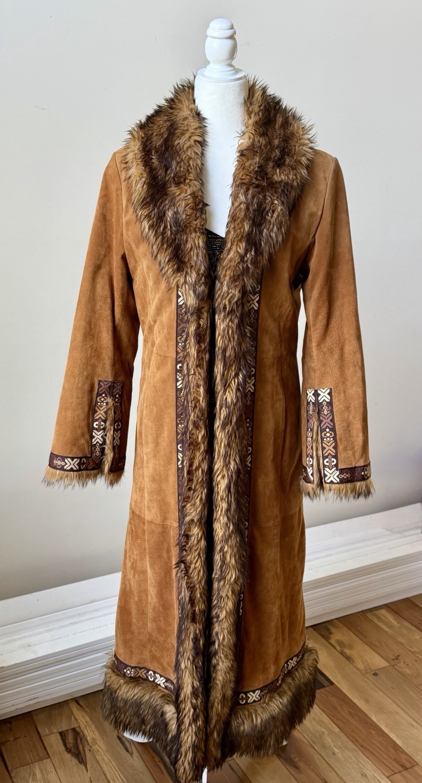 VTG Gallery Penny Lane Coat Suede Leather Faux Fur Trim Boho Afghan Trench M