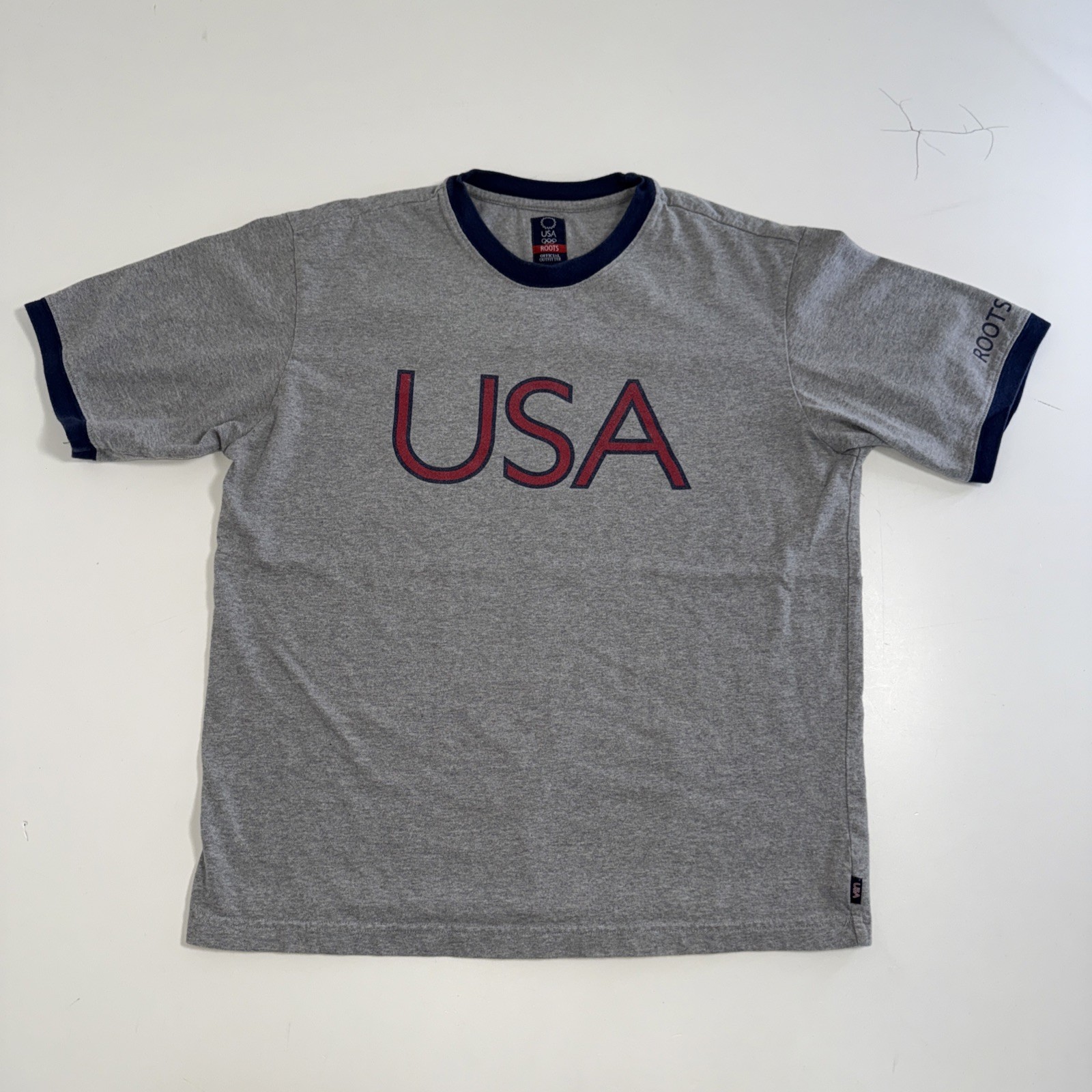 Vintage Roots USA Olympic Ringer T-Shirt Men’s Size Large Gray Short Sleeve 2004