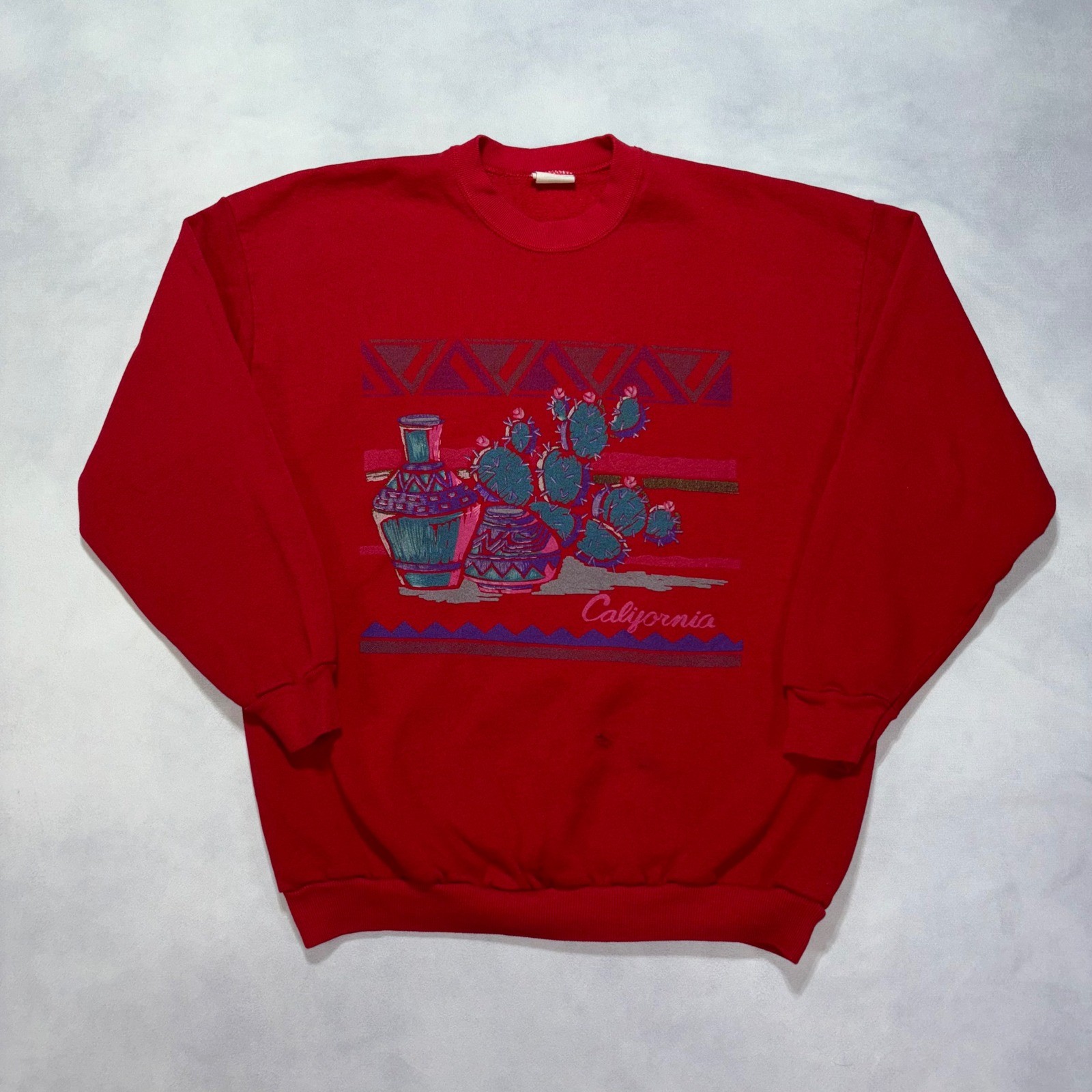 Vintage 80s California Cactus Art Crewneck Sweatshirt Medium Red Made in USA