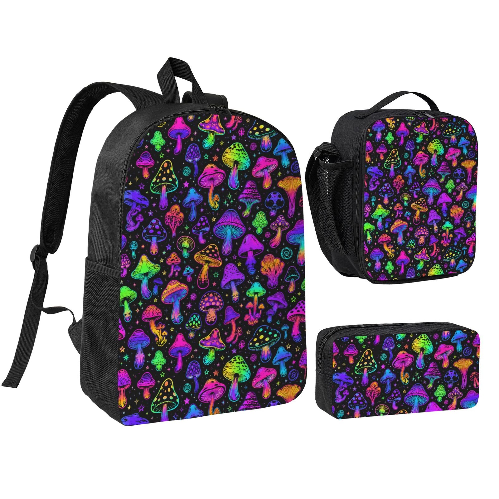 Mushroom School Backpack 12.6″L X 17″H X 5.1″D – 3-in-1 Set with Lunch Box