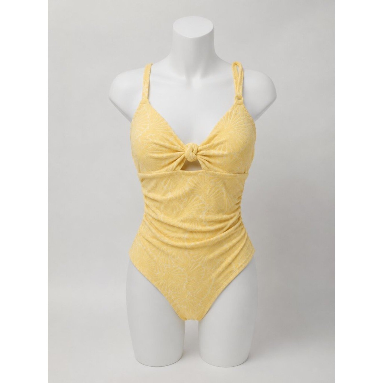 Shade & Shore NWT Yellow Textured One Piece Swimsuit Front Knot Shell Print Sz M