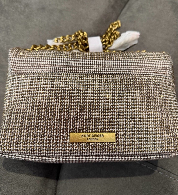 New Kurt Geiger Structured Tweed Shoulder Bag with Gold Chain – Brown & Gold