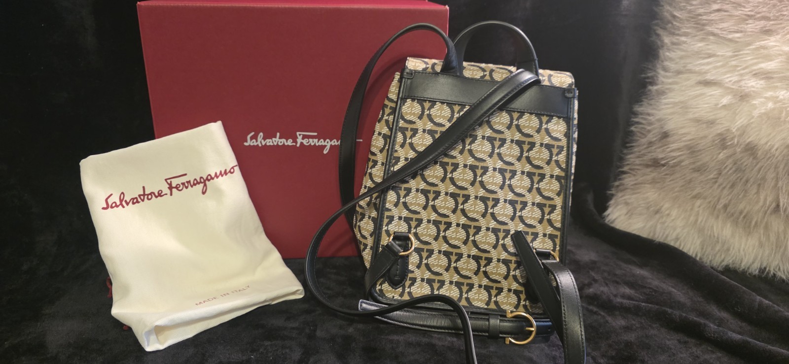 Salvatore Ferragamo Tan Monogram Backpack with Black Trim