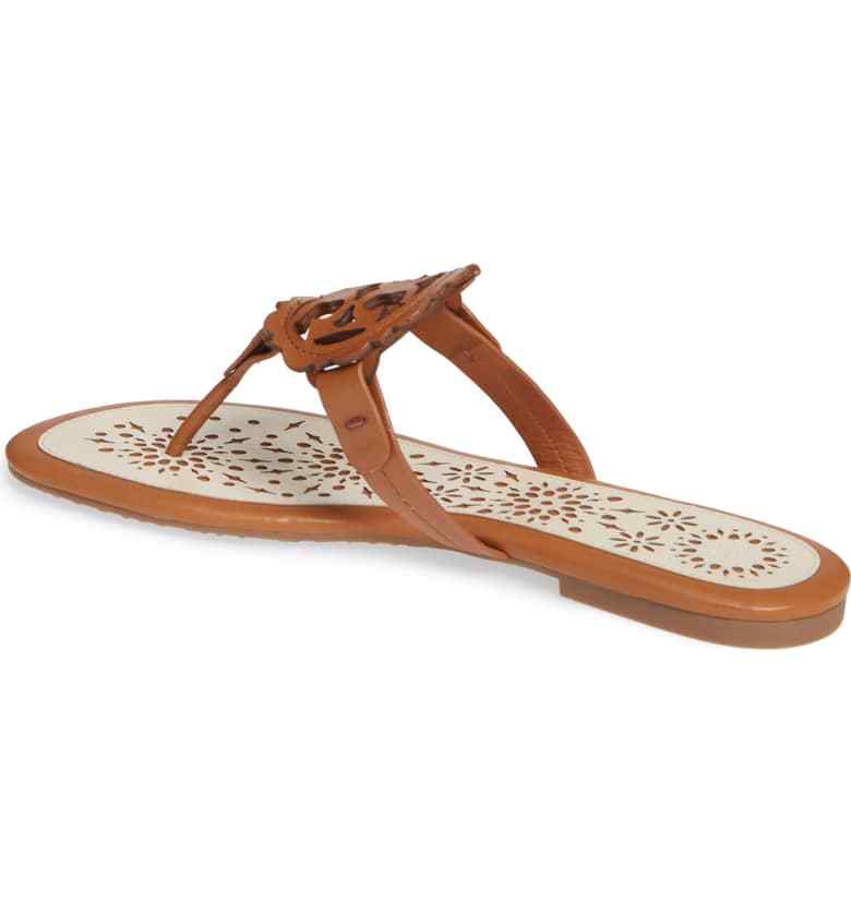 NIB Tory Burch Miller Leather Scallop Logo Flat Sandal Thong Tan/Cream $228