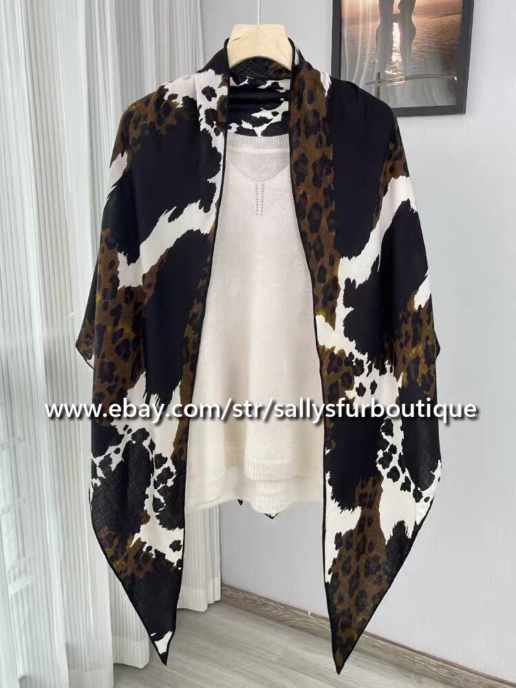 Sallys Cashmere & Silk Wrap Scarf Leopard Print Large Triangle Shawl 210*120cm