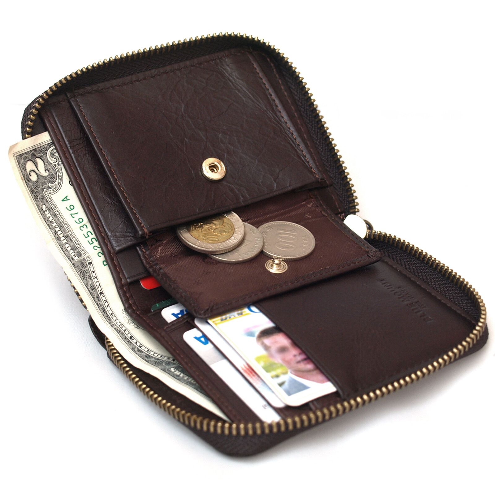 Men’s Zip Around Leather Wallets Coin Purse Credit Card Wallet