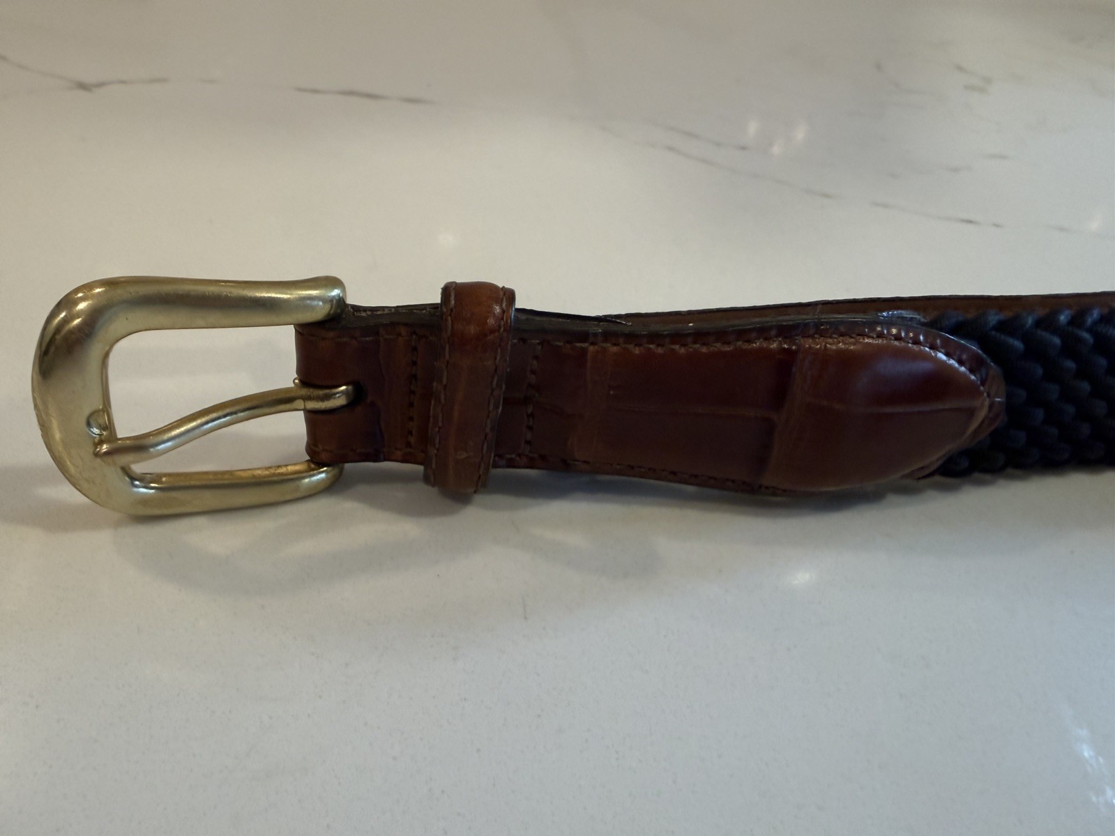Brighton Mens Moc Croc Leather Belt & Black Woven Stretch Elastic Cord Size 42