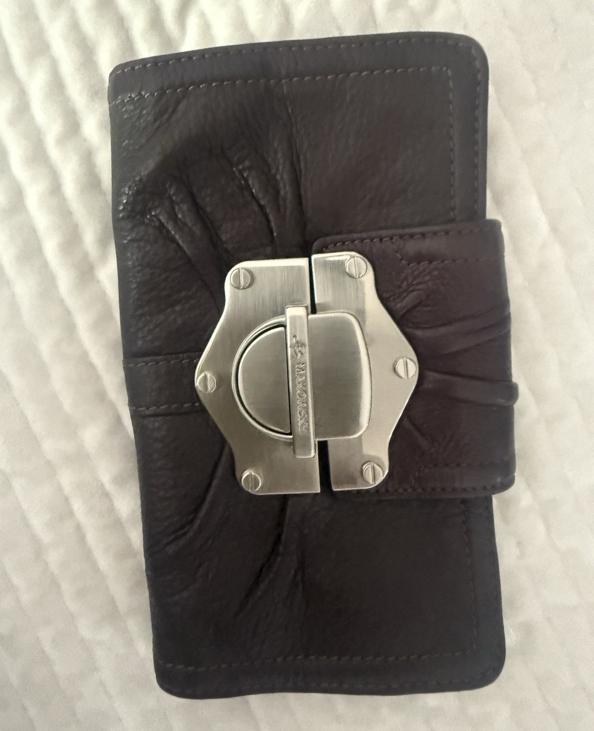 B. Makowsky Women’s Brown/Silver Checkbook Wallet Logo Buckle Folding Credit