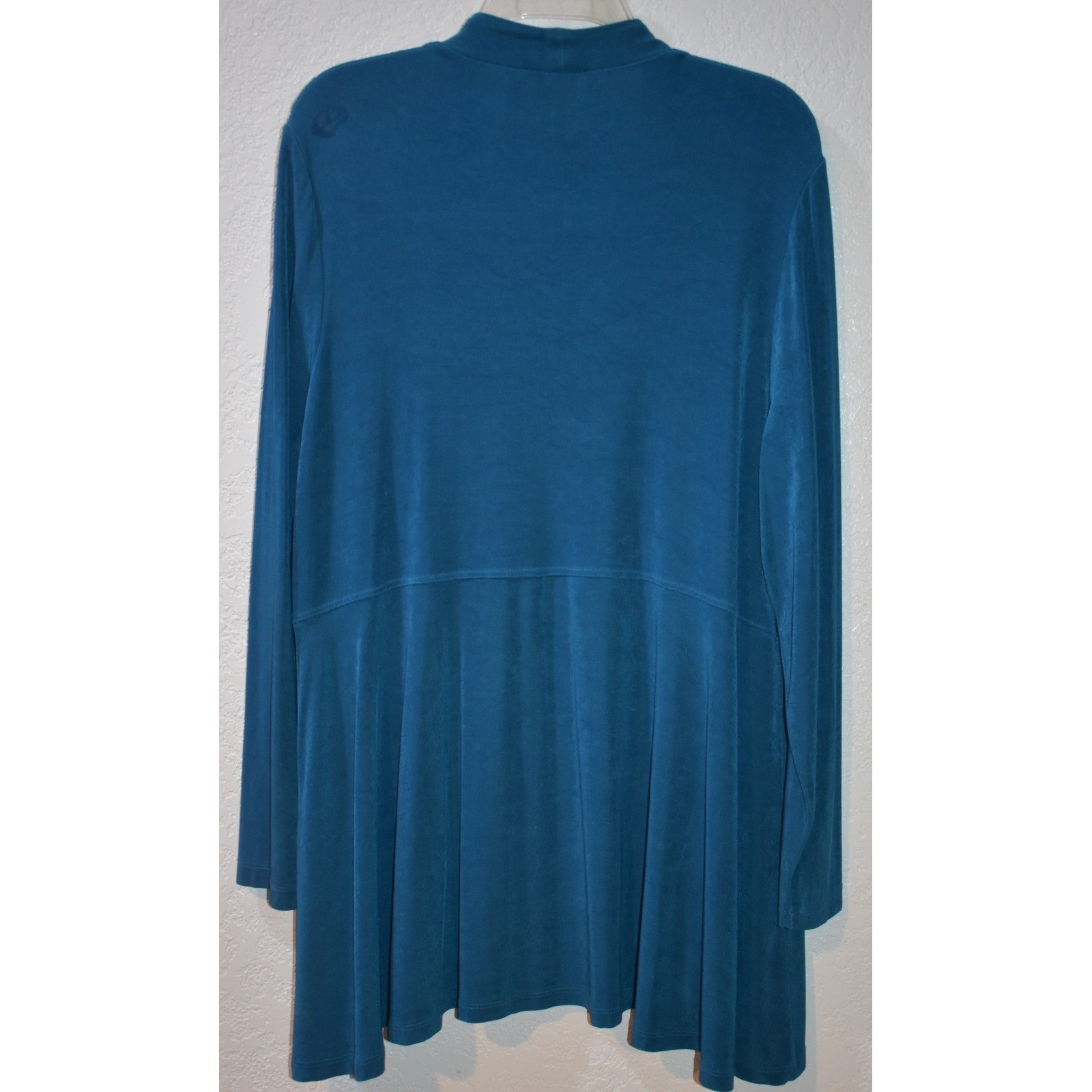 Chicos Travelers Teal Blue Open Front Slinky Knit Cardigan Jacket Size 3 XL