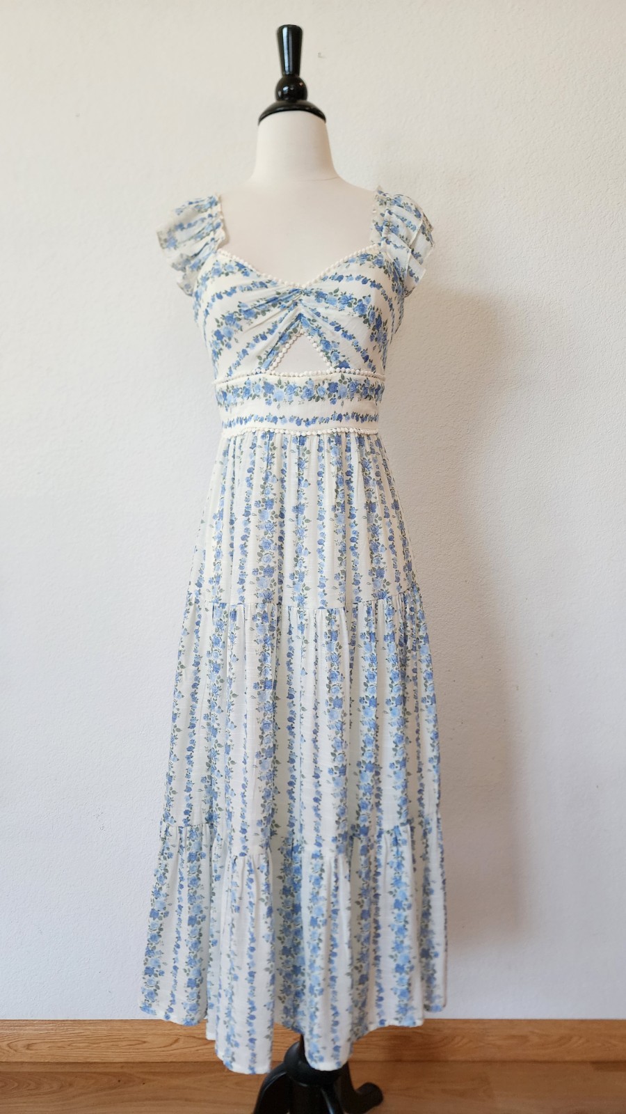 New Anthro Maxi Dress Size Small XS Blue Floral Coquette Wedding Brunch Crochet