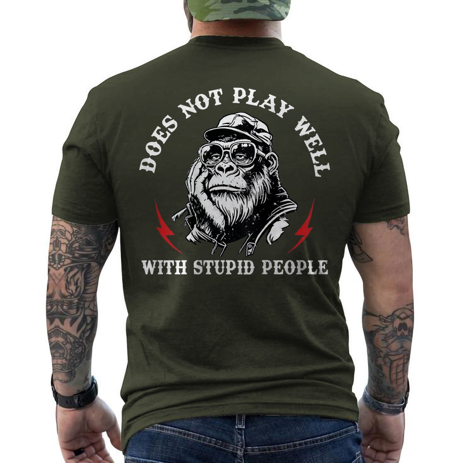 Does Not Play Well with Stupid People Funny Monkey Saying Quote ON BACK T-Shirt