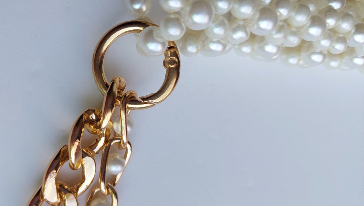 Handmade Pearl Beaded Cell Phone Bag with Gold Chain, Mobile Phone Bag Crossbody