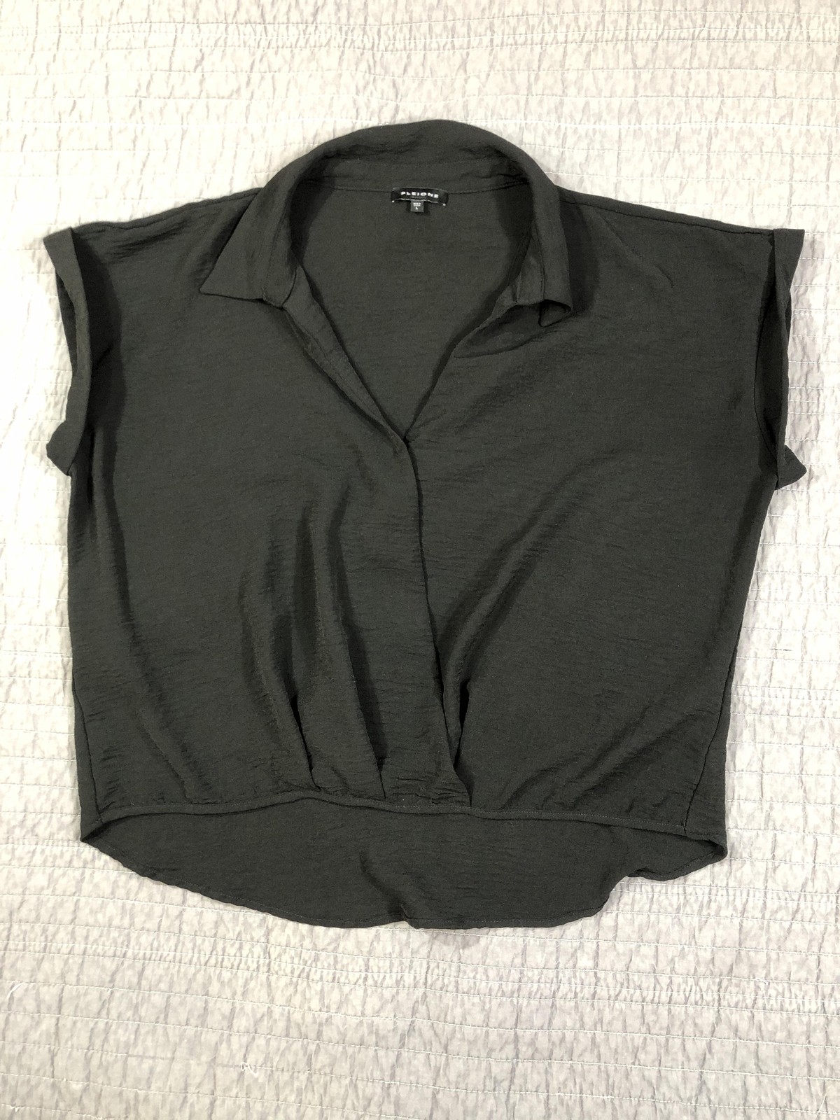 Pleione Blouse Women Large Black Collared Cropped Wrap Front Blouson Boxy