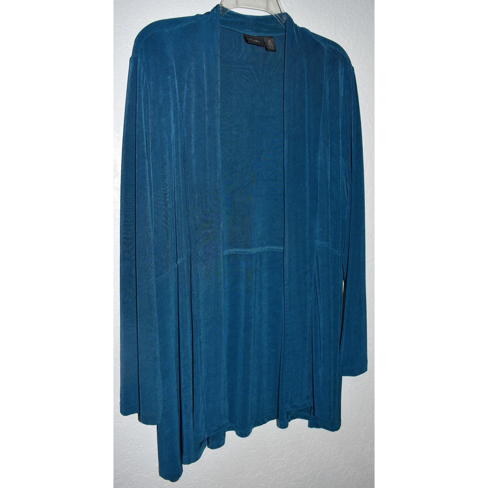 Chicos Travelers Teal Blue Open Front Slinky Knit Cardigan Jacket Size 3 XL