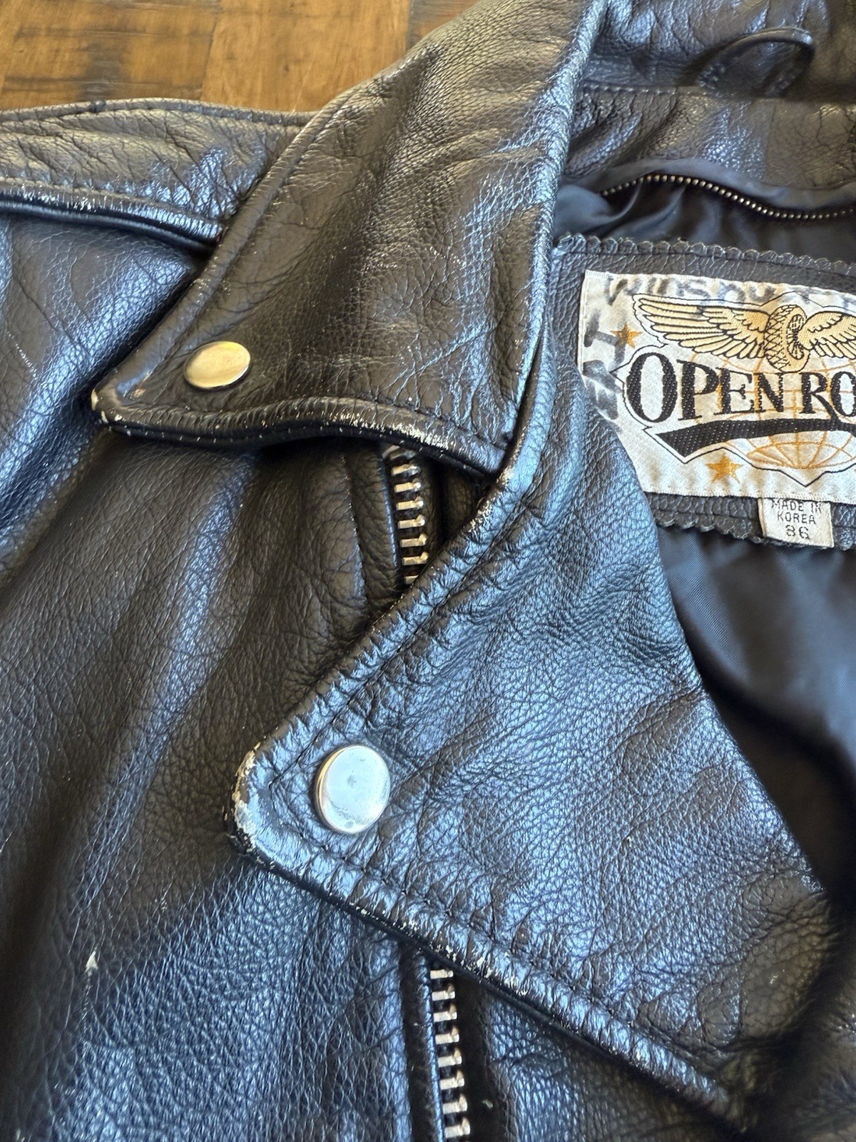 Vintage Open Road Men’s Small Black Genuine Leather Motorcycle Biker Moto Jacket